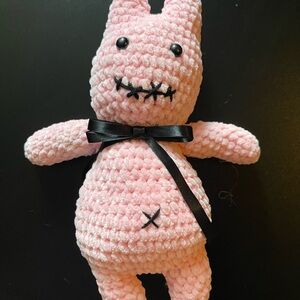 Pink Plush Bunny Toy with Black Ribbon